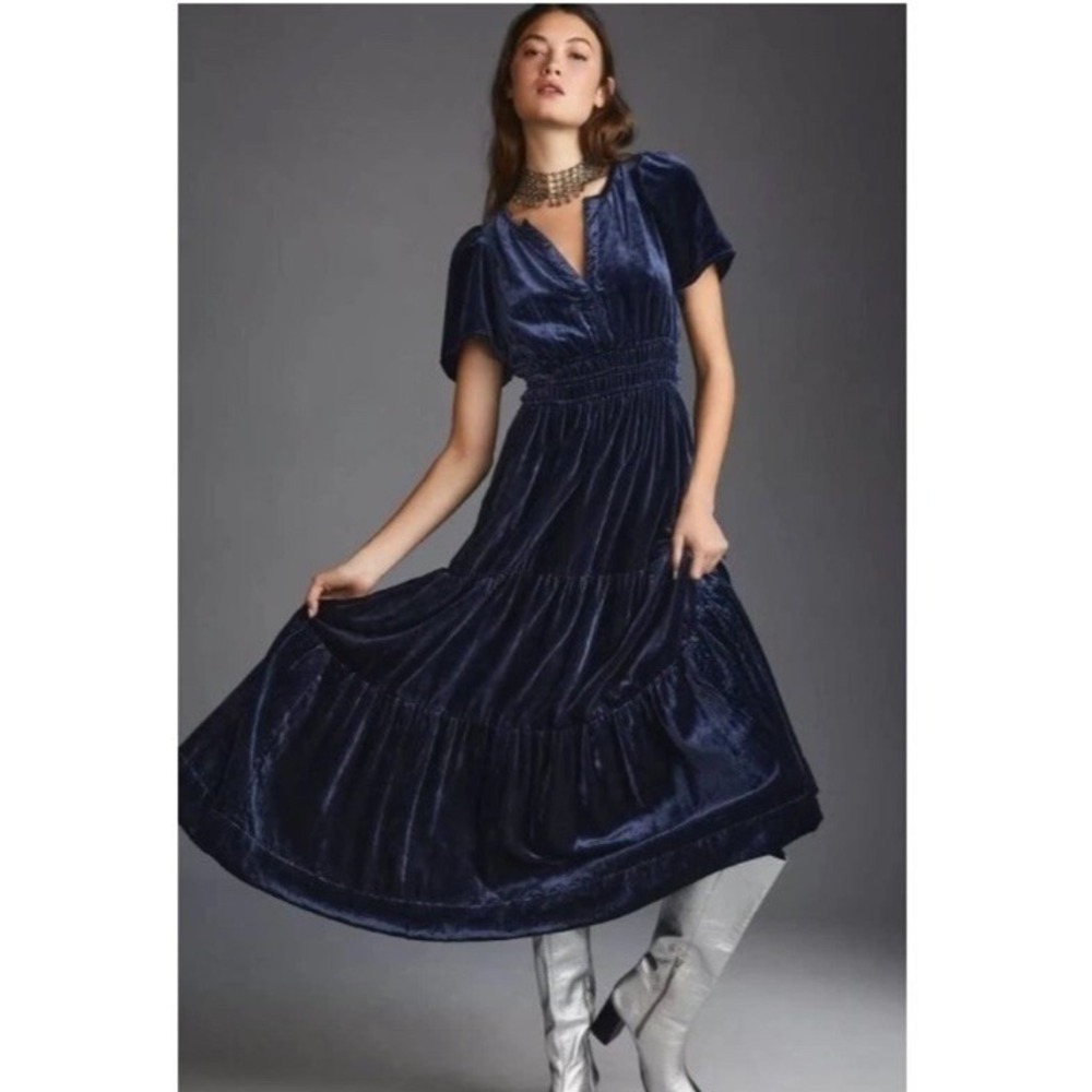 Anthropologie The Somerset Maxi Dress Velvet Edition Dark Blue Size Small